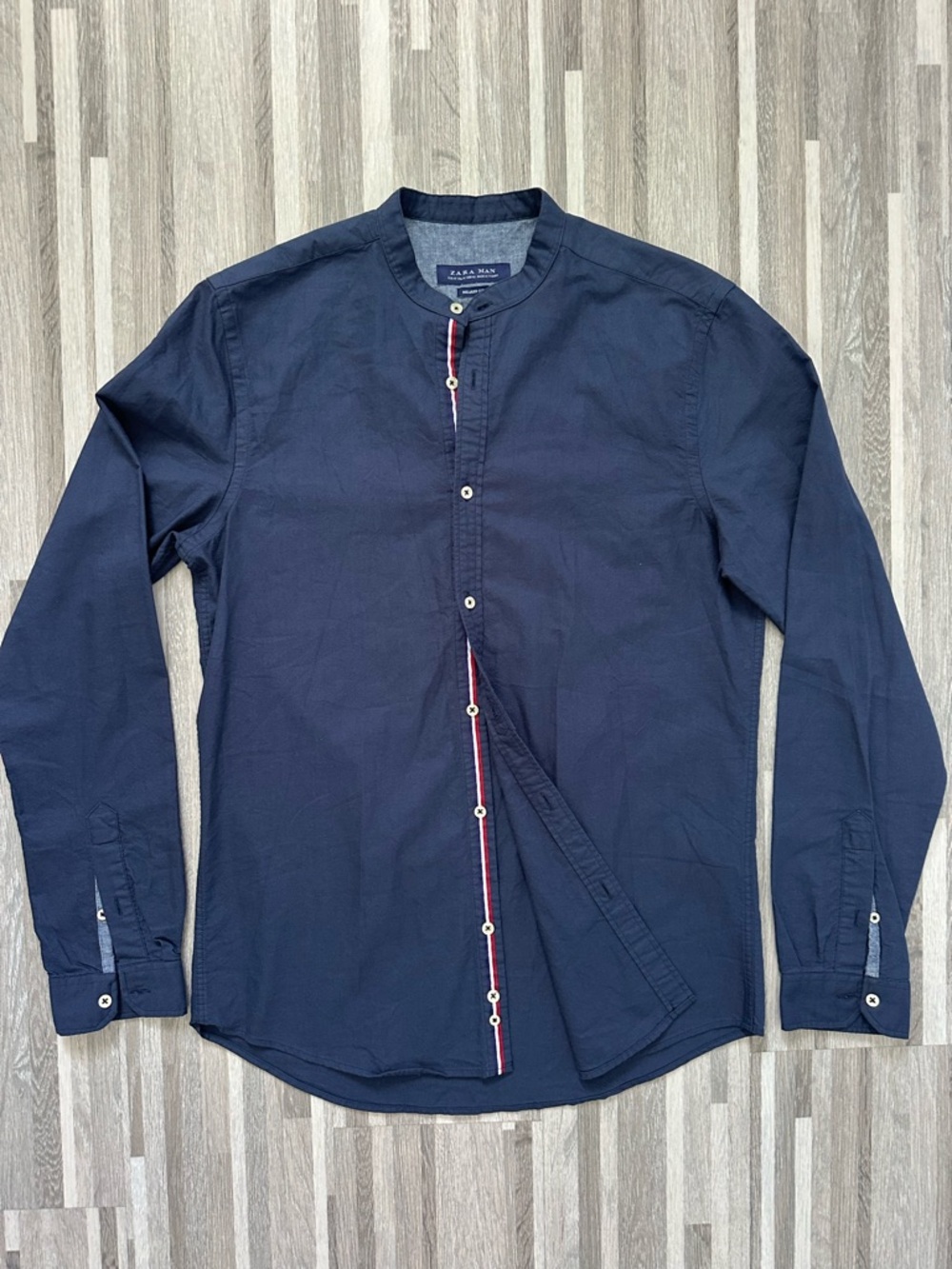 Zara Man Navy Blue Mandarin Collar Shirt, Size M,long Sleeve